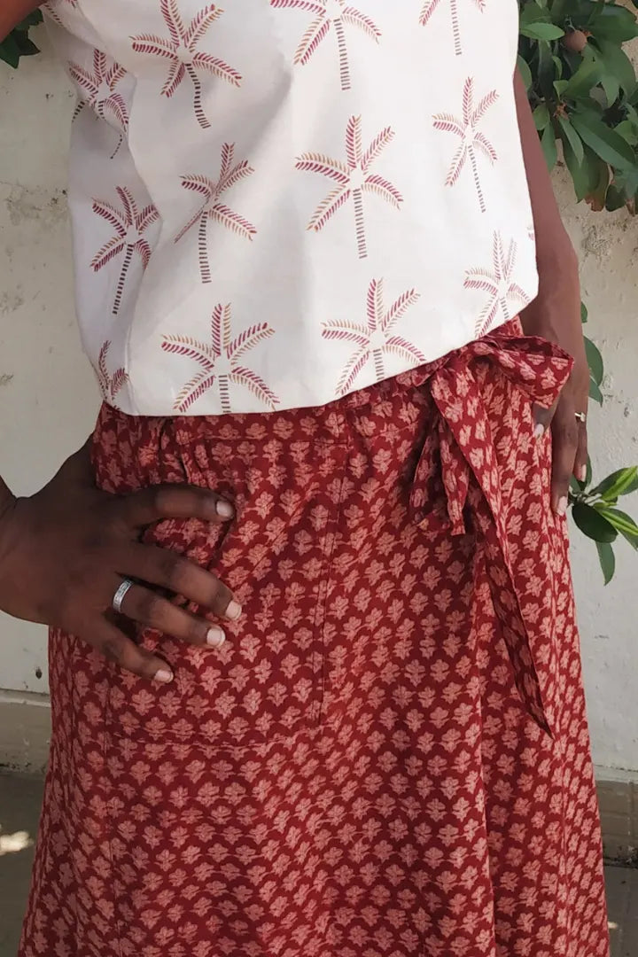 Ilamra kalamkari craft hand block printed organic cotton Madder Red and Beige cool and sexy culottes