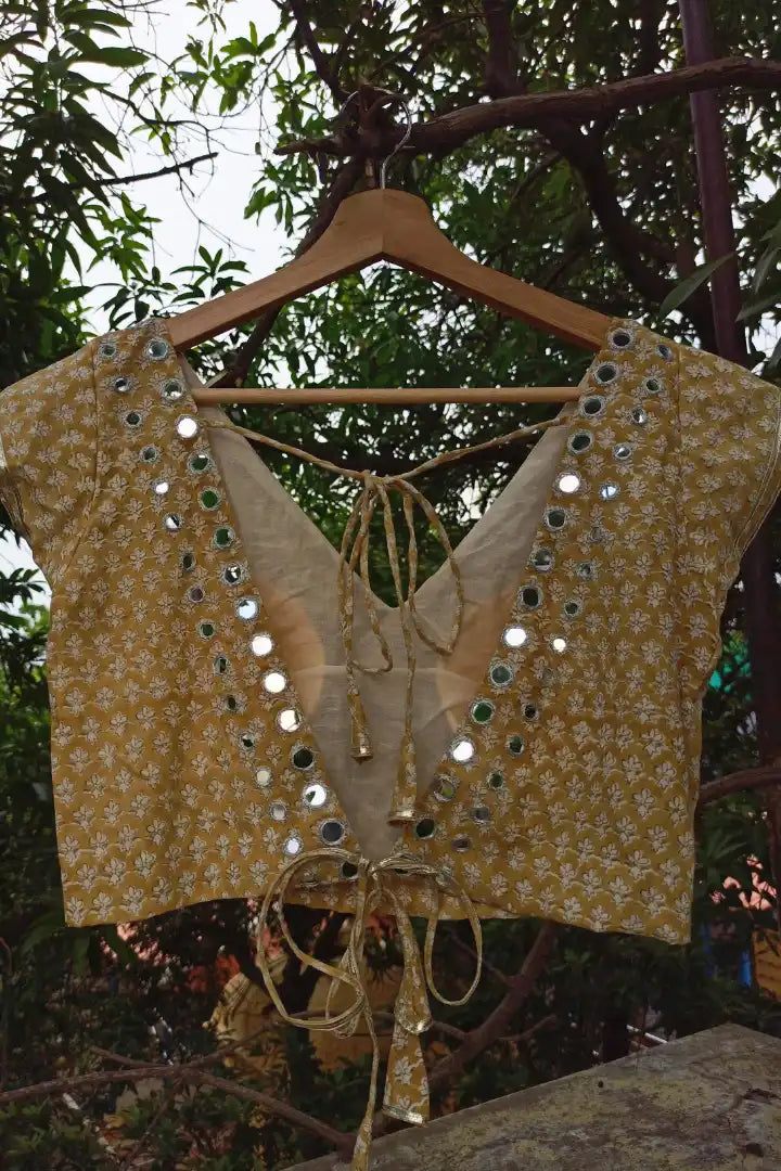 Ilamra sustainable clothing organic cotton Off-white, Warm yellow hand block printed blouse, dupatta and lehenga set