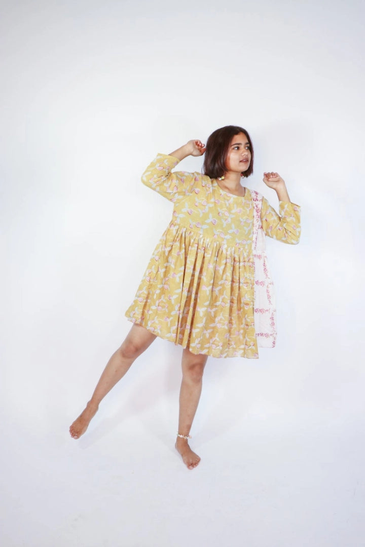 Ilamra sustainable clothing organic cotton Mustard Yellow, off-white, blush pink and hints of green hand block printed tent dress