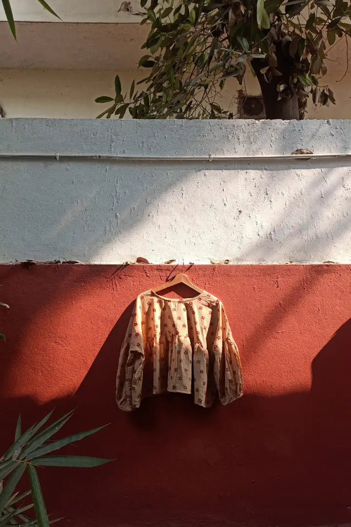 Ilamra sustainable clothing organic cotton beige and red hand block printed tent top