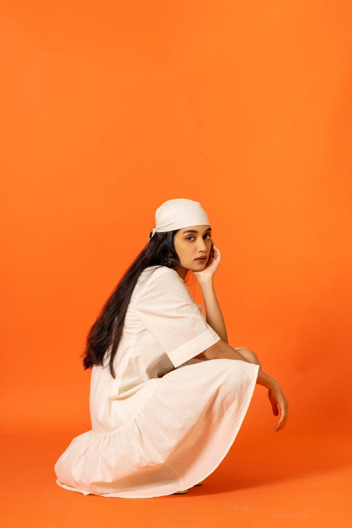 ilamra printed naturally dyed organic cotton off-white asymmetrical dress