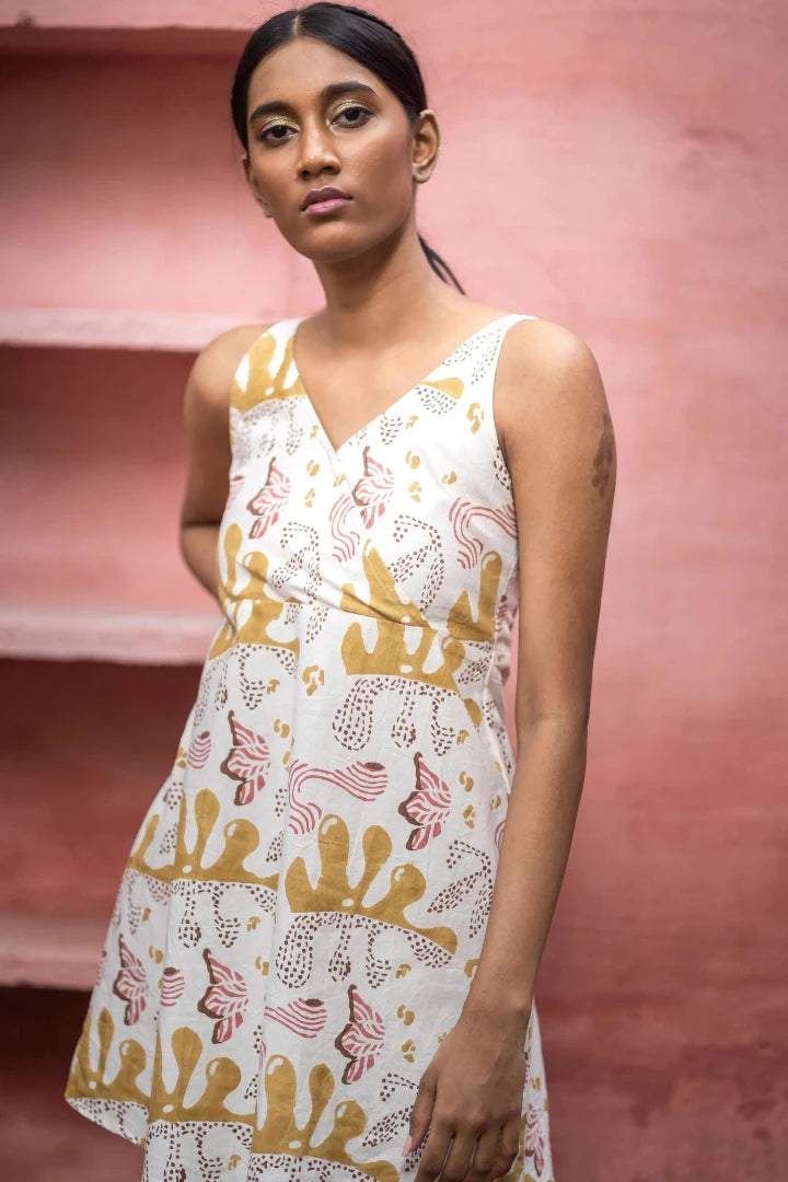 Ilamra sustainable clothing organic cotton off-white and yellow with hints of pink and brown hand block printed dress