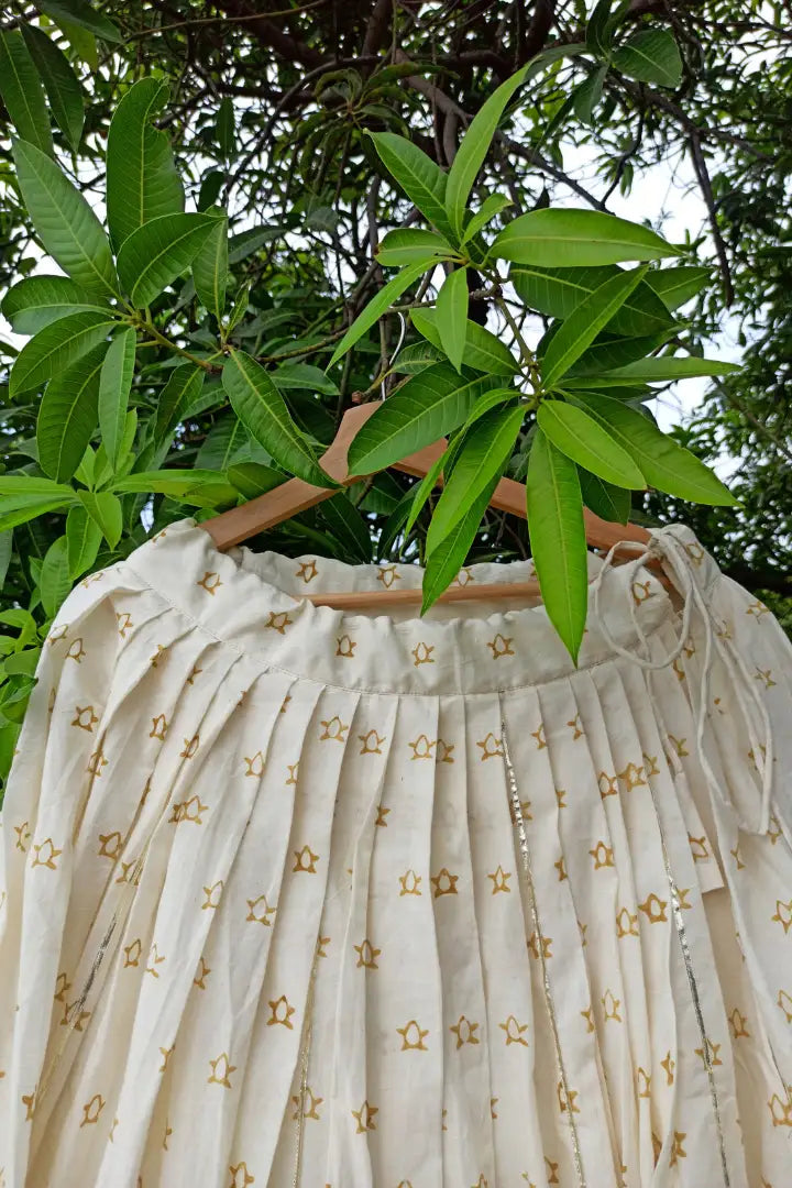 Ilamra sustainable clothing organic cotton Off-white, Warm yellow hand block printed blouse, dupatta and lehenga set
