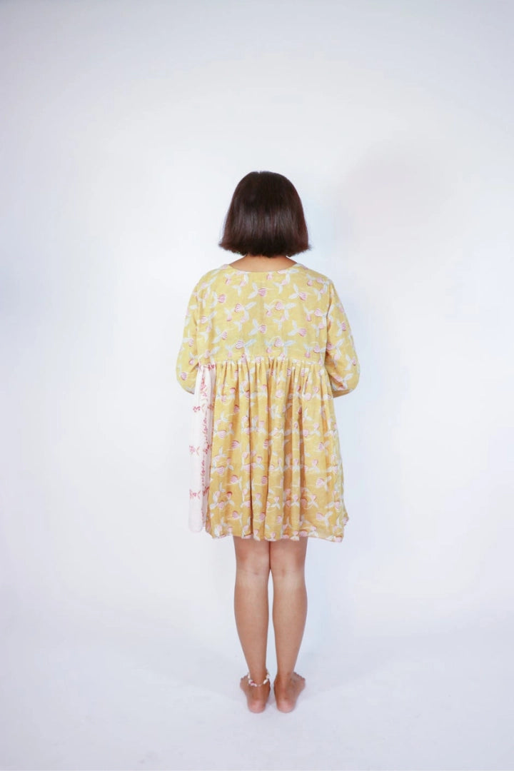Ilamra sustainable clothing organic cotton Mustard Yellow, off-white, blush pink and hints of green hand block printed tent dress
