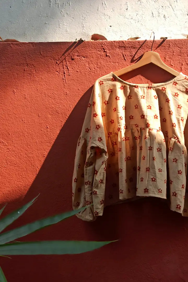 Ilamra sustainable clothing organic cotton beige and red hand block printed tent top