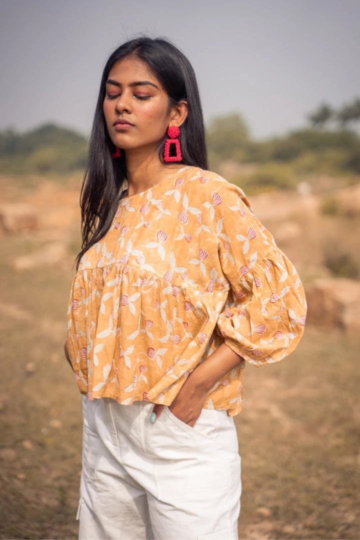 Ilamra kalamkari craft hand block printed organic cotton Mustard yellow, madder red and hints of green tent top