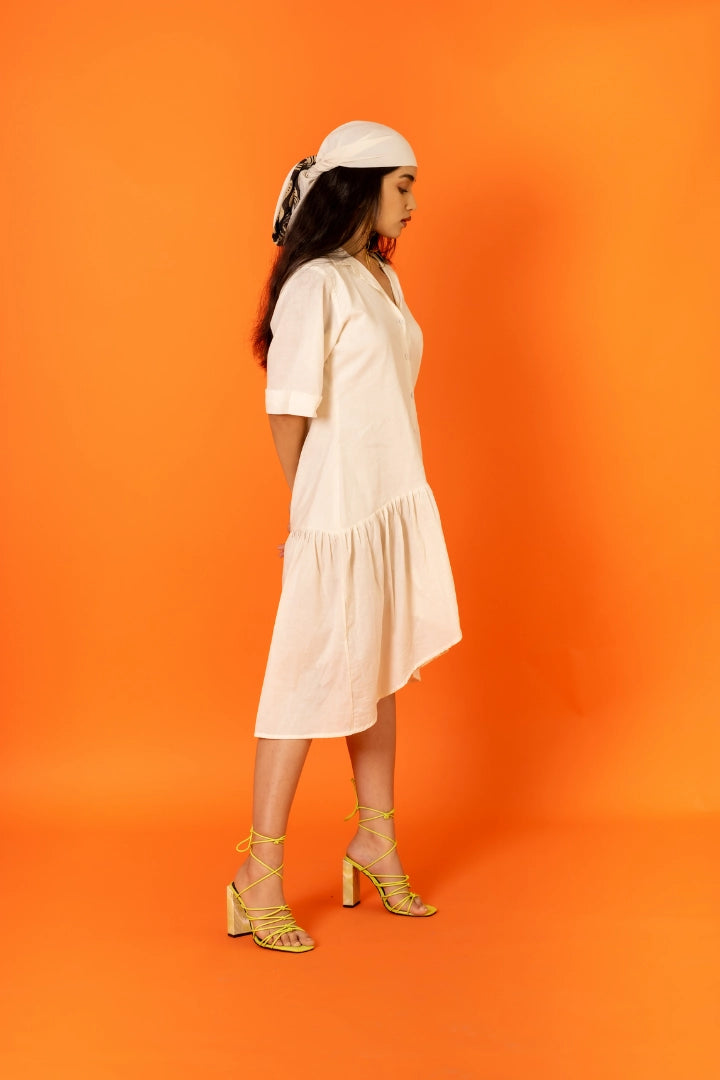 ilamra printed naturally dyed organic cotton off-white asymmetrical dress