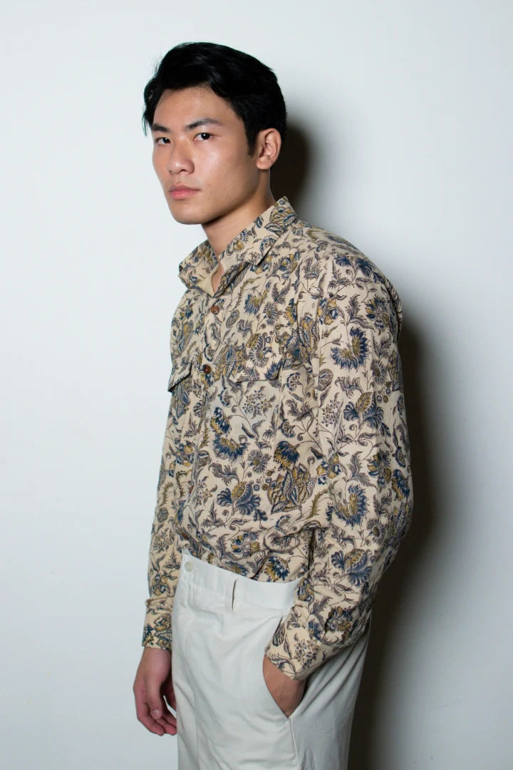 ilamra men's hand block printed naturally dyed organic cotton indigo, yellow and brown shirt