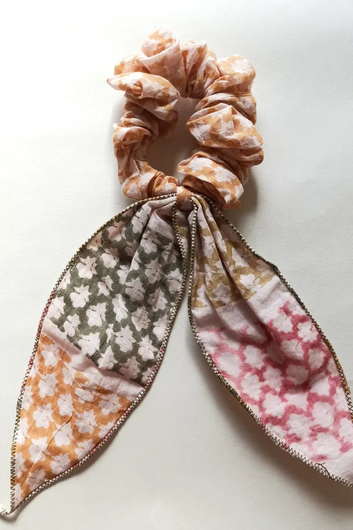 Ilamra hand block printed sustainably made naturally dyed Fresh green, Brown, Mustard Yellow and Madder Red scrunchie bundle