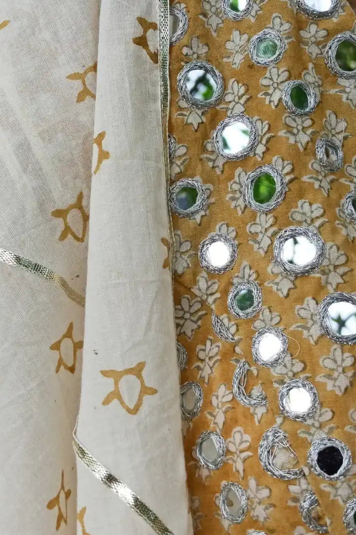 Ilamra sustainable clothing organic cotton Off-white, Warm yellow hand block printed blouse, dupatta and lehenga set