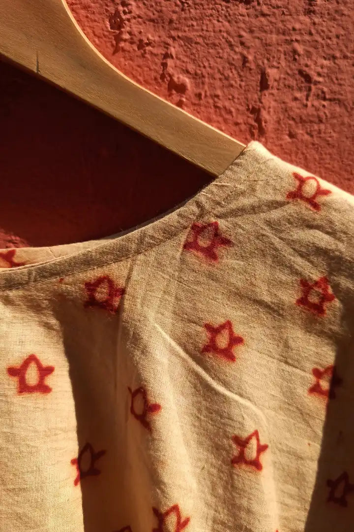 Ilamra sustainable clothing organic cotton beige and red hand block printed tent top