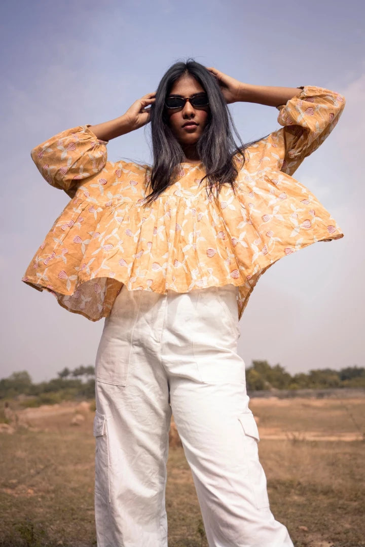 Ilamra kalamkari craft hand block printed organic cotton Mustard yellow, madder red and hints of green tent top