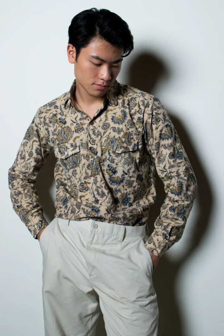 ilamra men's hand block printed naturally dyed organic cotton indigo, yellow and brown shirt