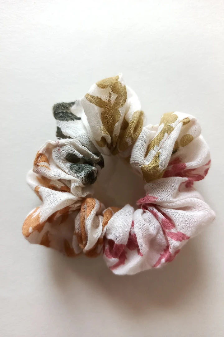 Ilamra hand block printed sustainably made naturally dyed Fresh green, Brown, Mustard Yellow and Madder Red scrunchie bundle