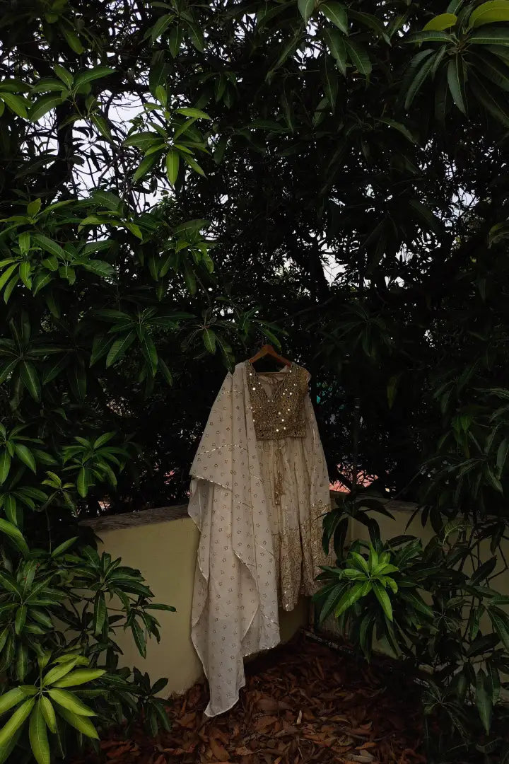 Ilamra sustainable clothing organic cotton Off-white, Warm yellow hand block printed blouse, dupatta and lehenga set