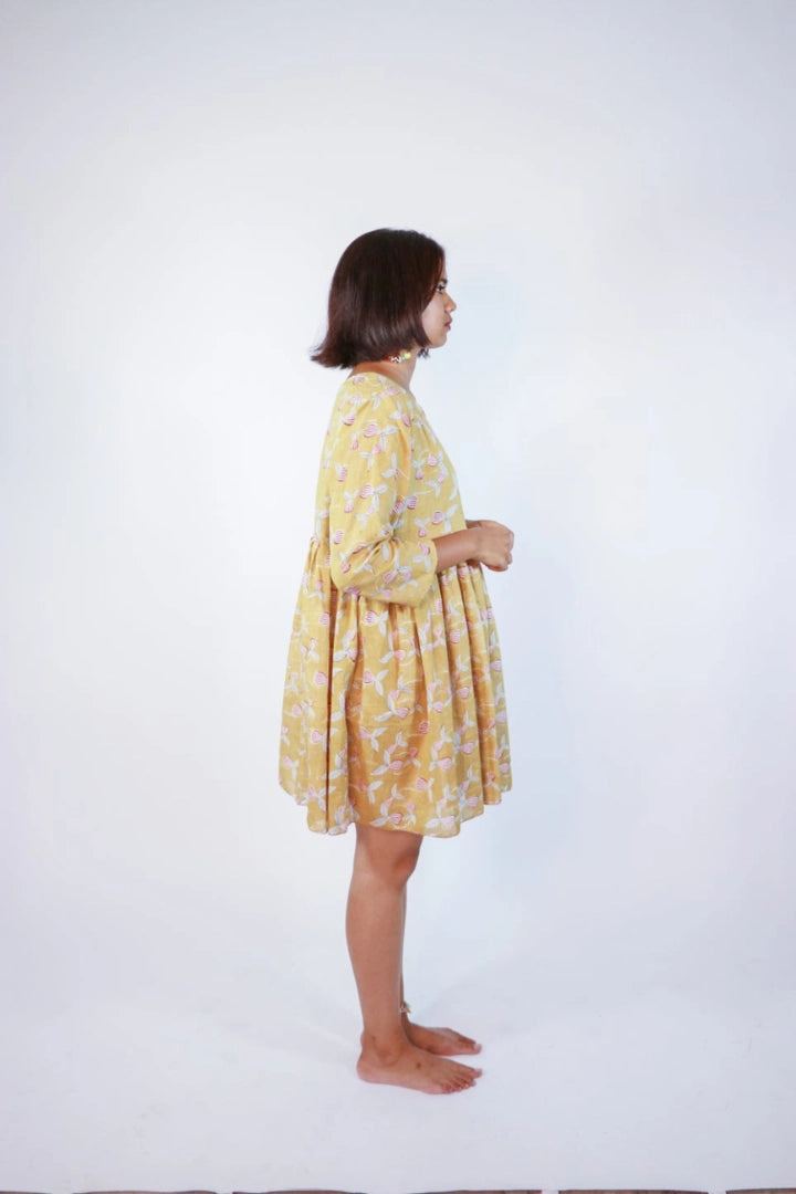 Ilamra sustainable clothing organic cotton Mustard Yellow, off-white, blush pink and hints of green hand block printed tent dress
