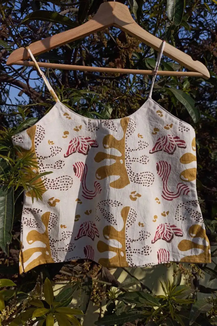 Ilamra sustainable clothing organic cotton Off White, Yellow, Pink and Brown hand block printed crop top