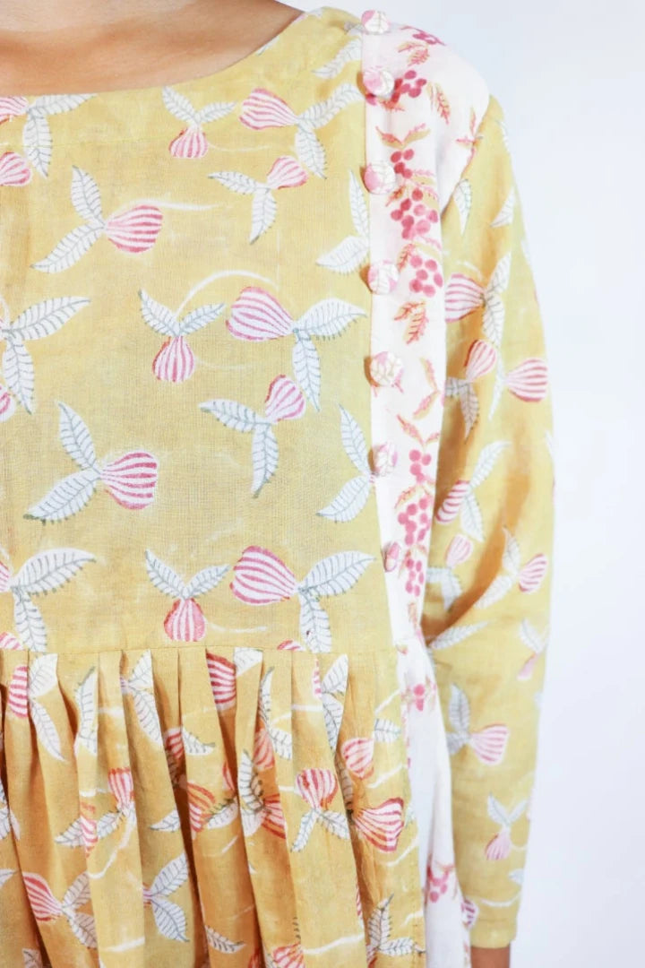 Ilamra sustainable clothing organic cotton Mustard Yellow, off-white, blush pink and hints of green hand block printed tent dress