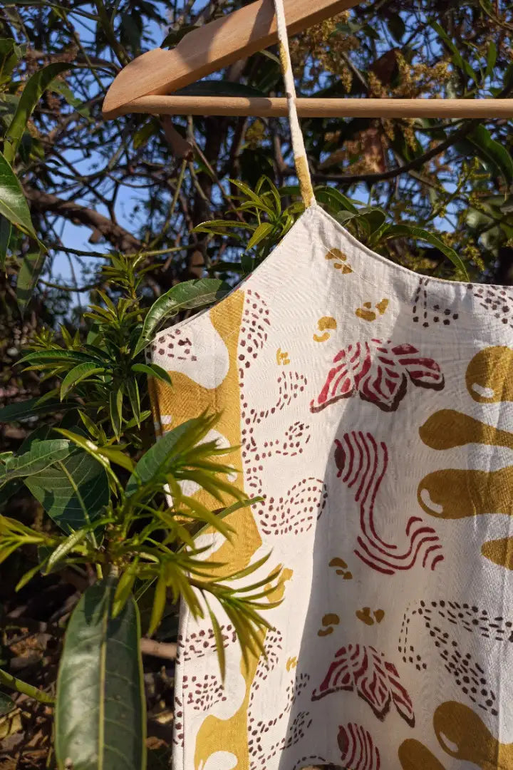 Ilamra sustainable clothing organic cotton Off White, Yellow, Pink and Brown hand block printed crop top