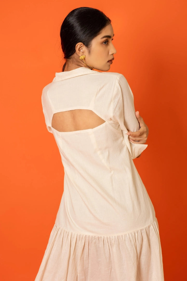 ilamra printed naturally dyed organic cotton off-white asymmetrical dress