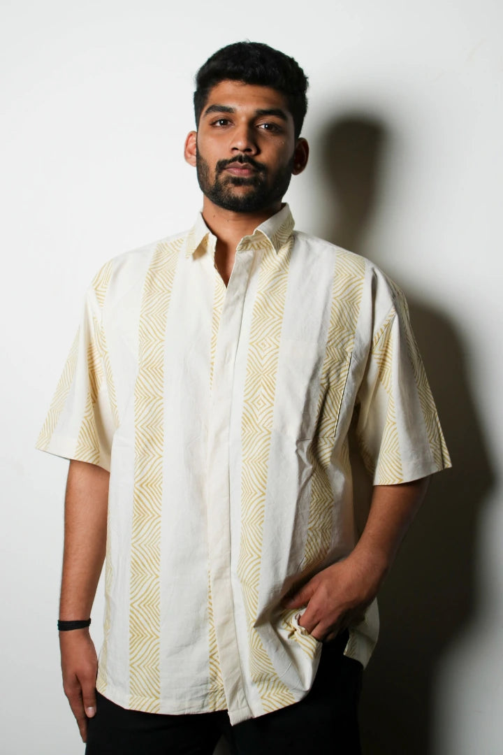 ilamra men's hand block printed naturally dyed organic cotton off-white and yellow shirt