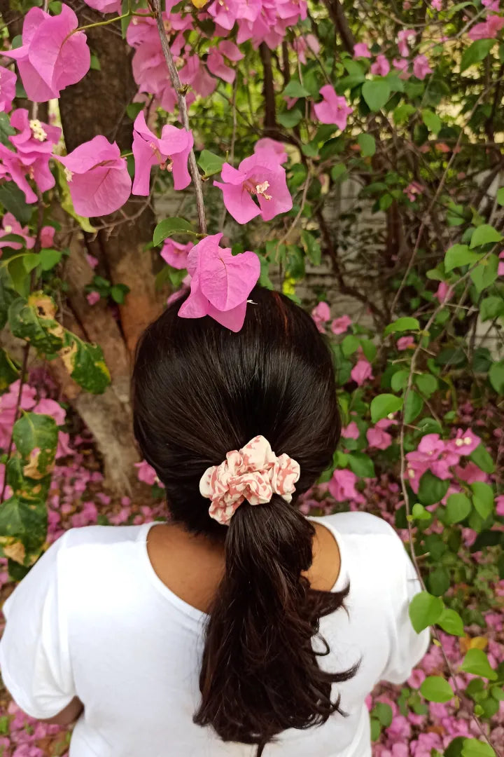 Ilamra hand block printed sustainably made naturally dyed Fresh green, Brown, Mustard Yellow and Madder Red scrunchie bundle