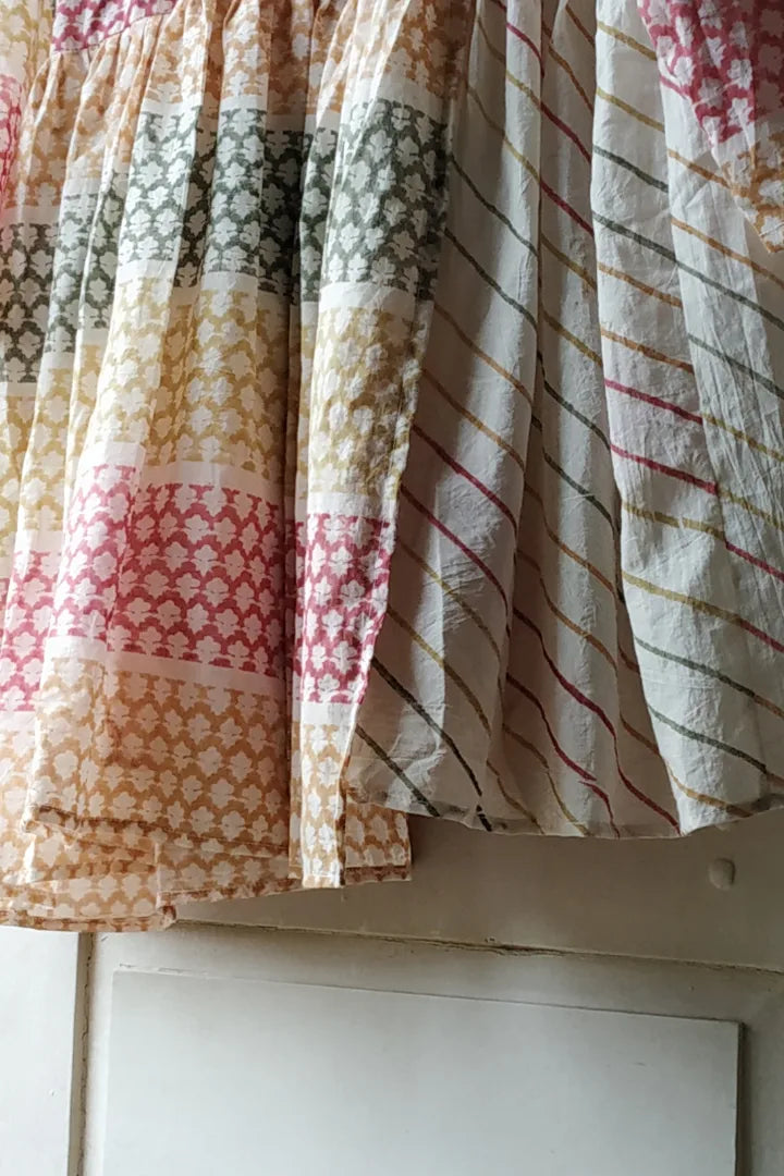 ilamra hand block printed naturally dyed organic cotton Orange, blush pink and dirty green comfortable tent dress