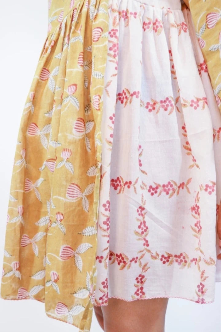 Ilamra sustainable clothing organic cotton Mustard Yellow, off-white, blush pink and hints of green hand block printed tent dress