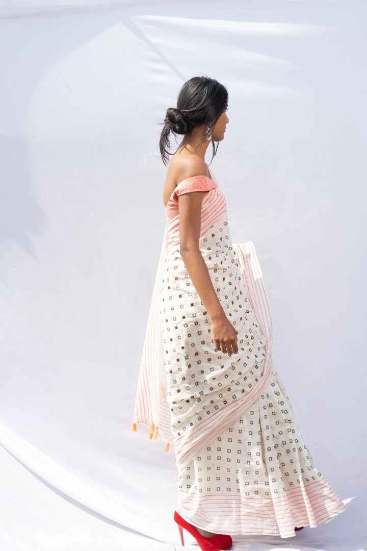 Ilamra kalamkari craft hand block printed organic cotton Pebble white saree with Madder red, black and mustard yellow detailing saree