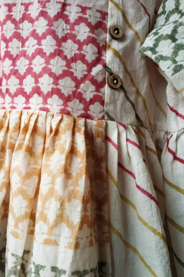 ilamra hand block printed naturally dyed organic cotton Orange, blush pink and dirty green comfortable tent dress