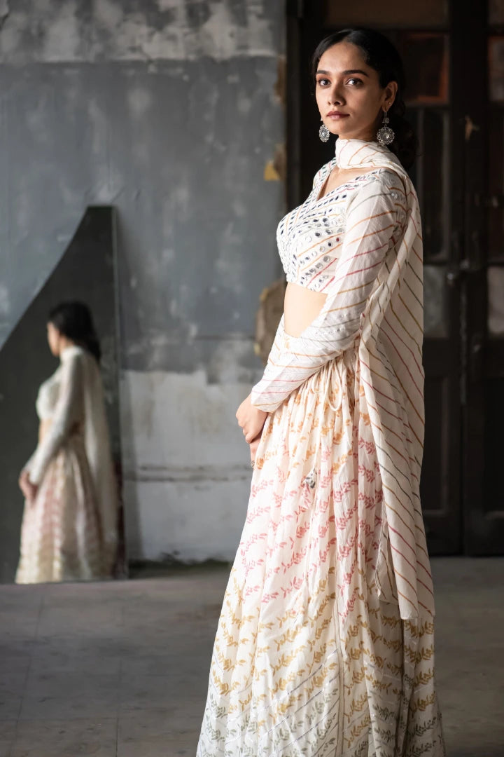 Ilamra sustainable clothing organic cotton Off-White, Blush Pink, Orange, Light Green, Dirty Green and hints of Silverish Gold hand block printed blouse, dupatta and lehenga set