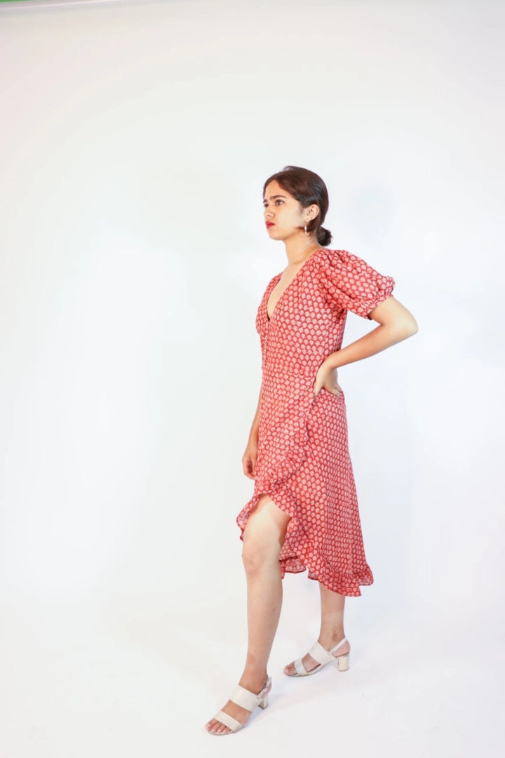 Ilamra sustainable clothing organic cotton madder red and beige hand block printed European, sexy and feminine dress