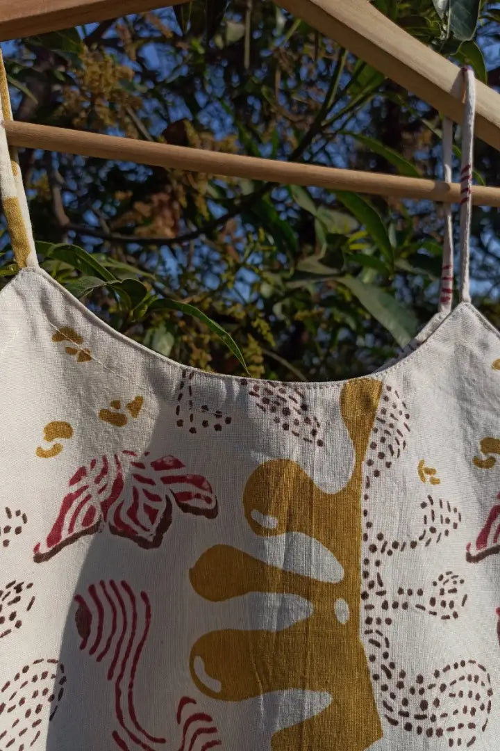 Ilamra sustainable clothing organic cotton Off White, Yellow, Pink and Brown hand block printed crop top