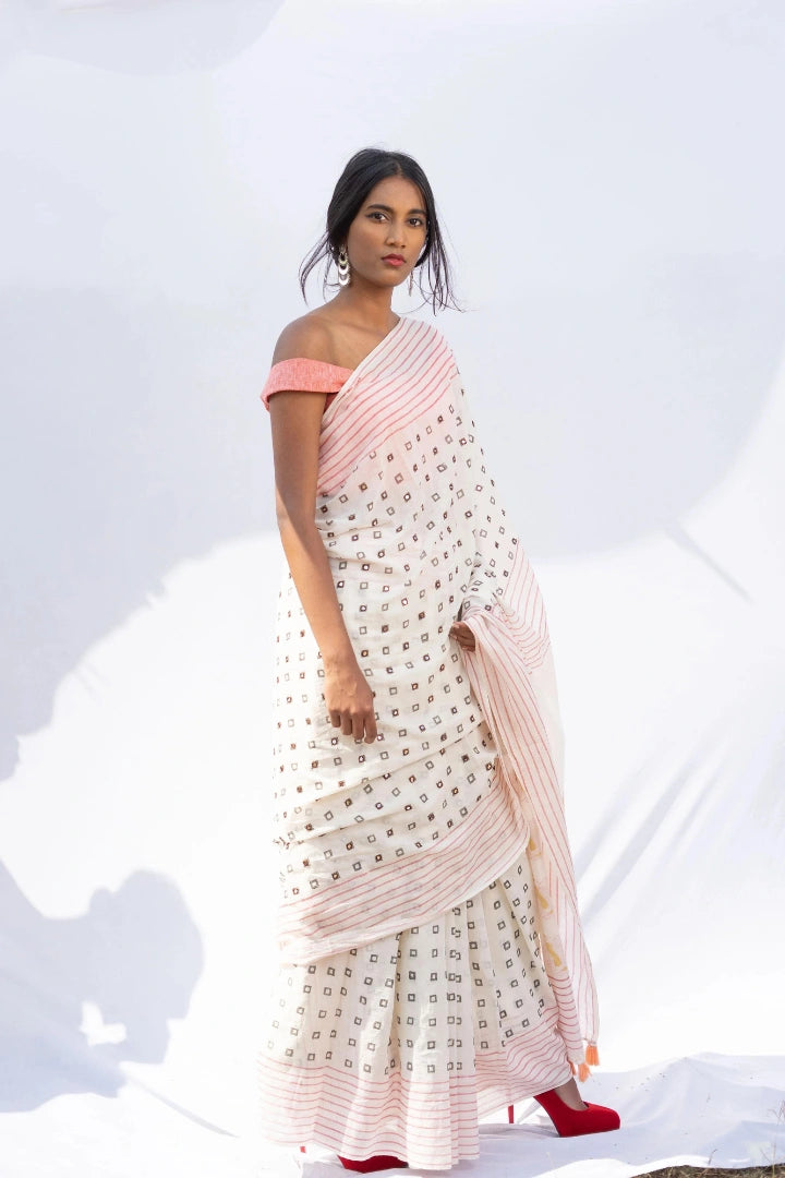 Ilamra kalamkari craft hand block printed organic cotton Pebble white saree with Madder red, black and mustard yellow detailing saree