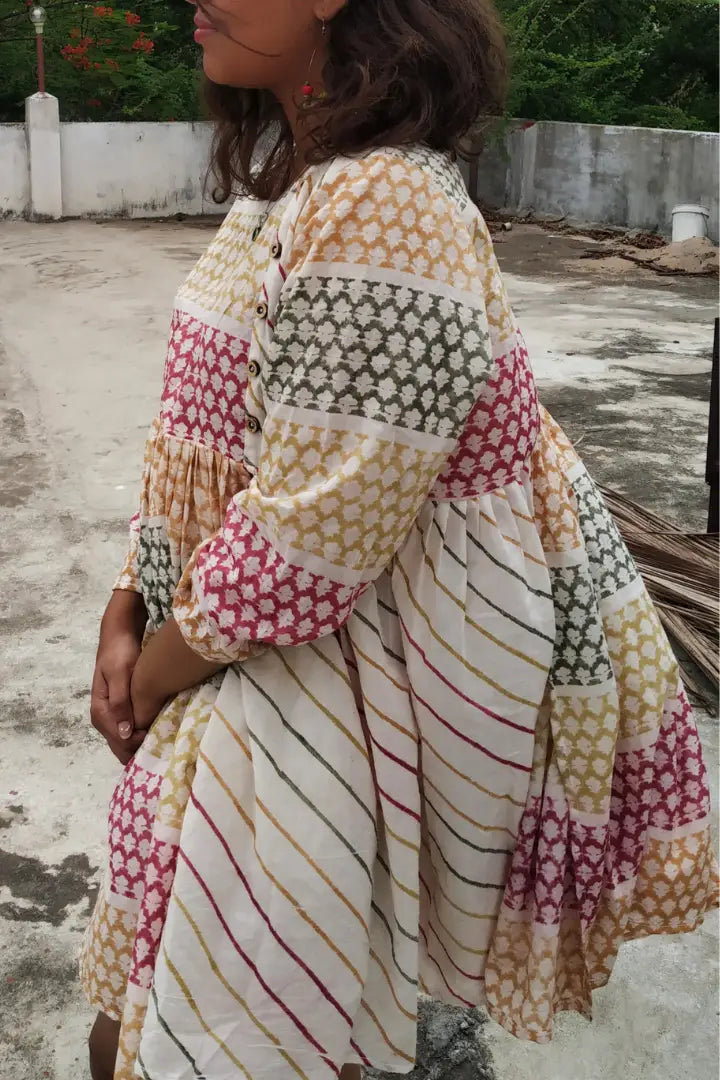 ilamra hand block printed naturally dyed organic cotton Orange, blush pink and dirty green comfortable tent dress