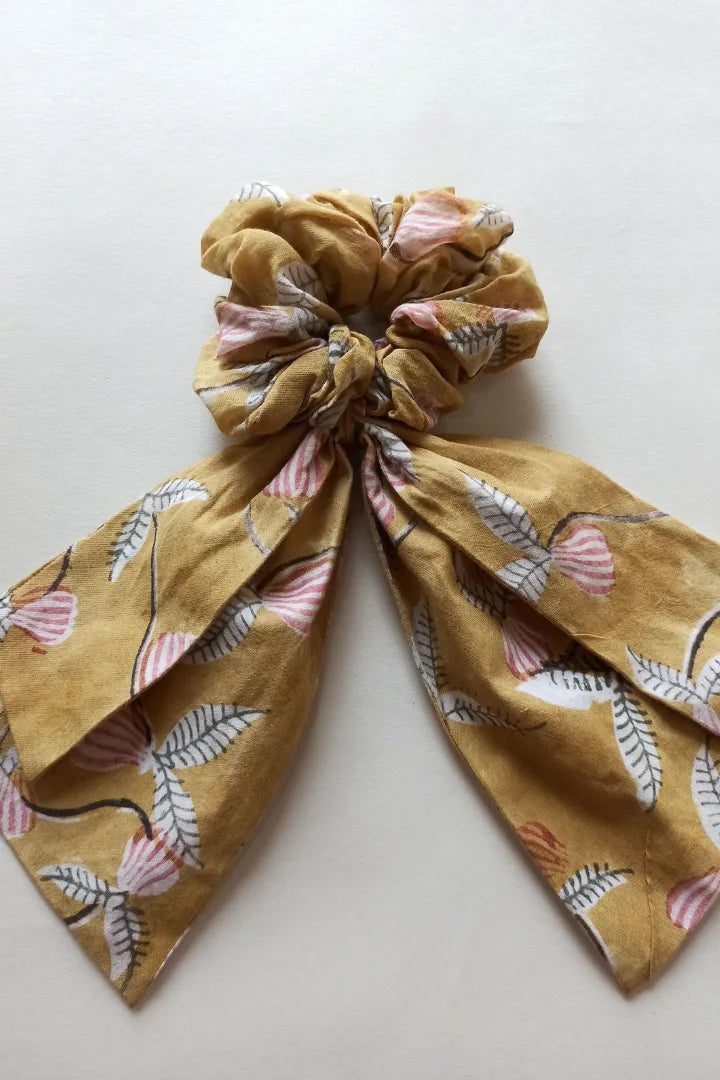 Ilamra hand block printed sustainably made naturally dyed Fresh green, Brown, Mustard Yellow and Madder Red Upcycled Cotton scrunchie bundle