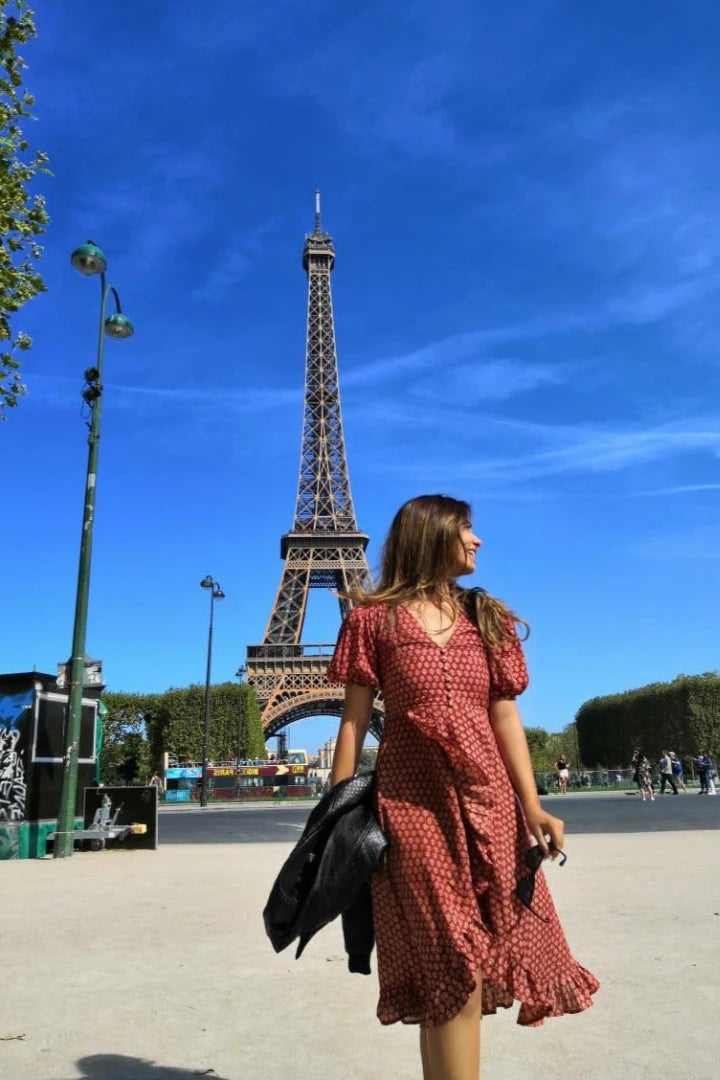 Ilamra sustainable clothing organic cotton madder red and beige hand block printed European, sexy and feminine dress