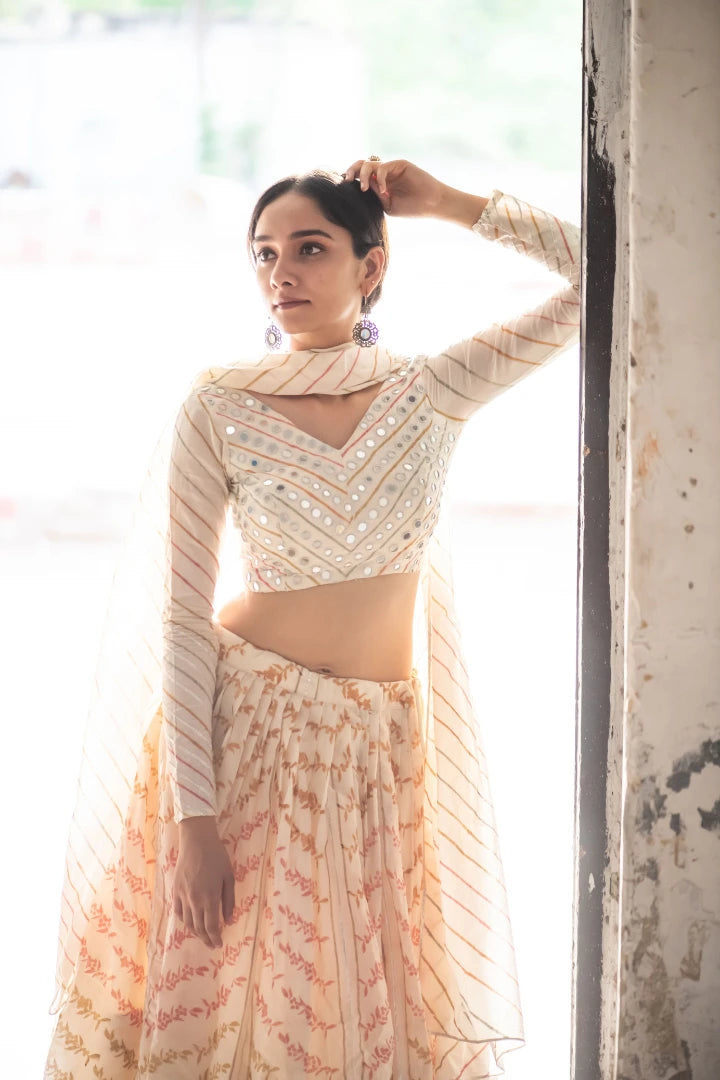 Ilamra sustainable clothing organic cotton Off-White, Blush Pink, Orange, Light Green, Dirty Green and hints of Silverish Gold hand block printed blouse, dupatta and lehenga set