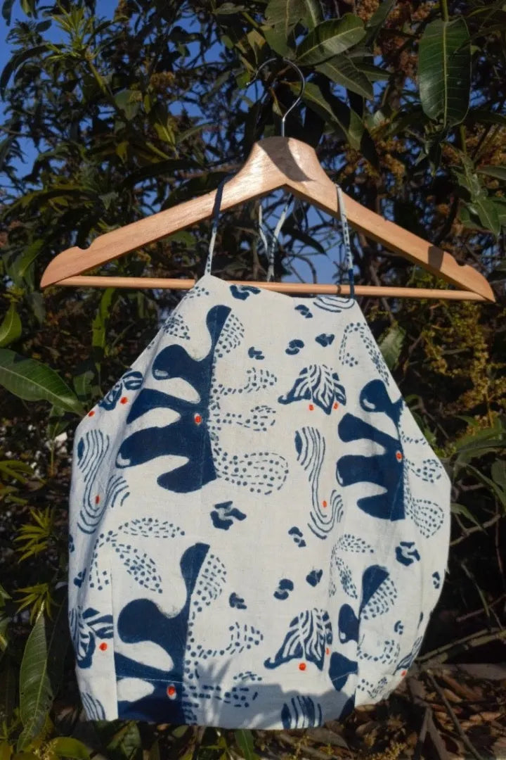 Ilamra sustainable clothing organic cotton indigo and white hand block printed halter top