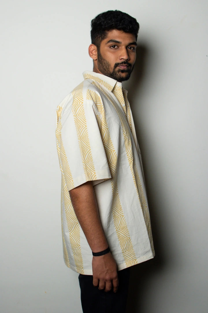 ilamra men's hand block printed naturally dyed organic cotton off-white and yellow shirt