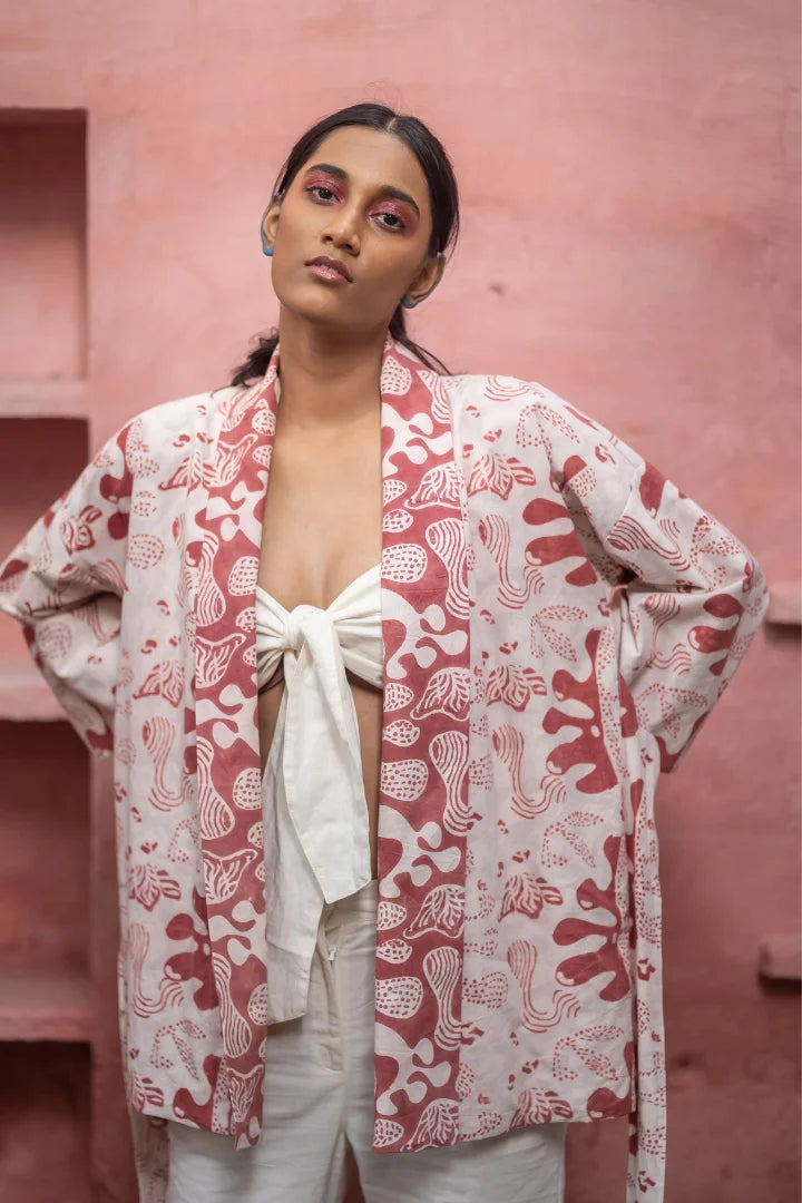 Ilamra hand block printed organic cotton naturally dyed white and red kimono