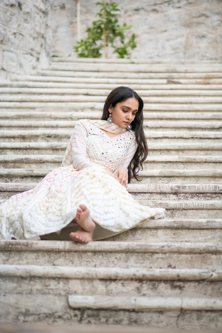 Ilamra sustainable clothing organic cotton Off-White, Blush Pink, Orange, Light Green, Dirty Green and hints of Silverish Gold hand block printed blouse, dupatta and lehenga set