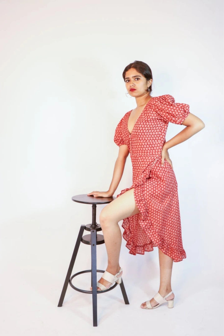 Ilamra sustainable clothing organic cotton madder red and beige hand block printed European, sexy and feminine dress