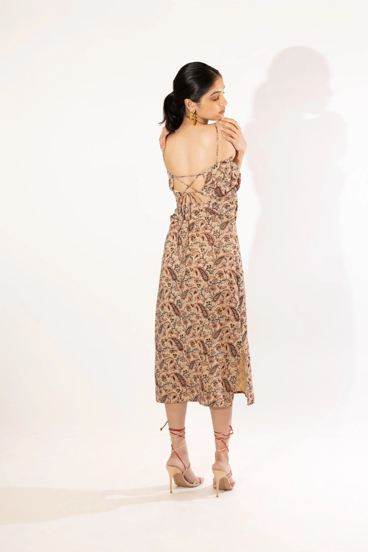Ilamra hand block printed sustainably made naturally dyed Beige with hints of indigo, madder red and blush pink cut-out dress