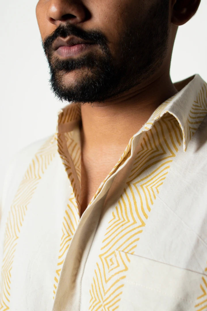 ilamra men's hand block printed naturally dyed organic cotton off-white and yellow shirt