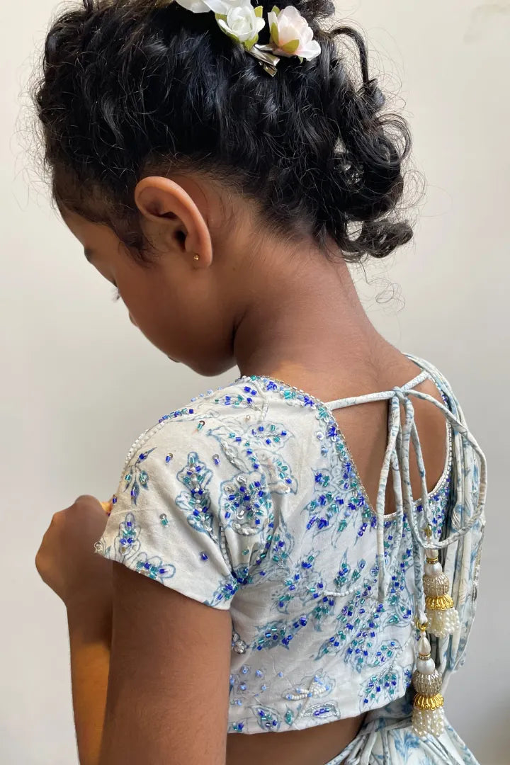 Ilamra kalamkari sustainable clothing organic cotton off-white and indigo hand block printed blouse and lehenga set