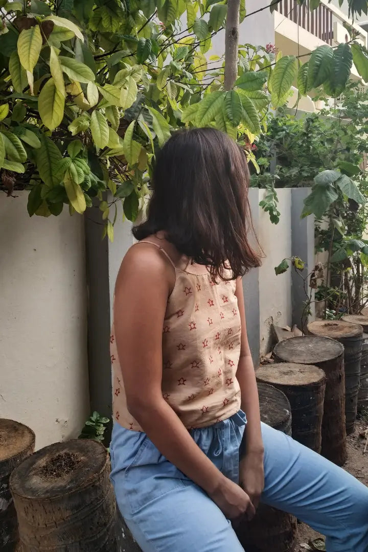 Ilamra hand block printed sustainably made naturally dyed Madder Red and Beige cool crop top
