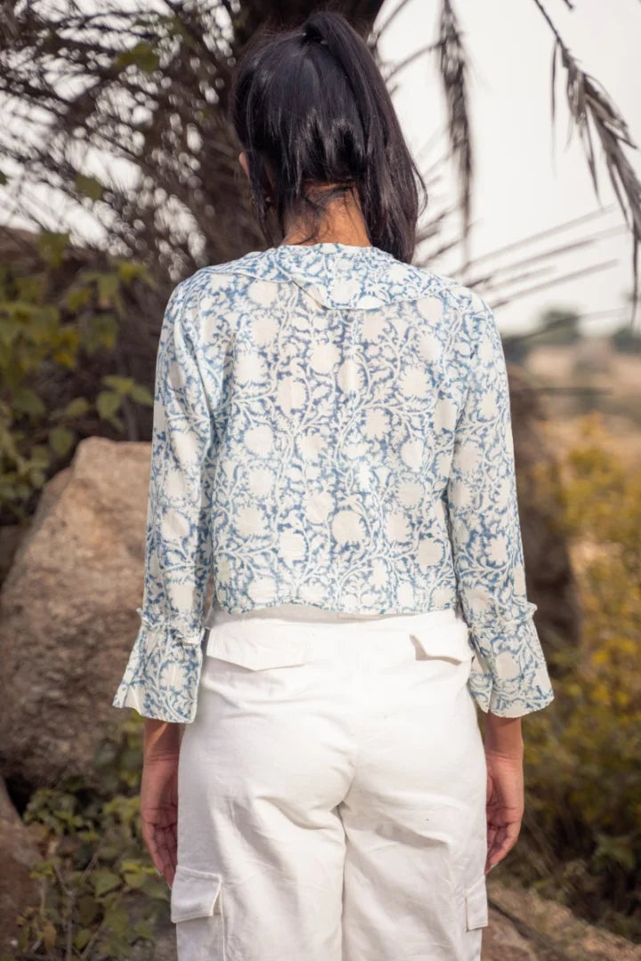 Ilamra sustainable clothing organic cotton Off-White and Indigo hand block printed sexy ruffle top