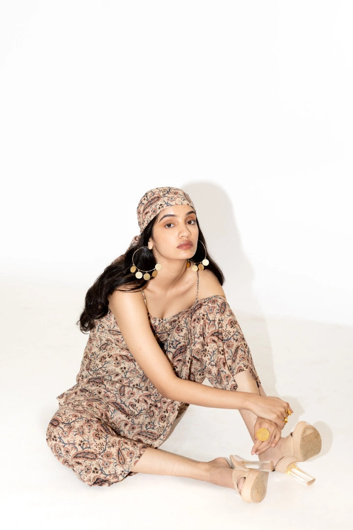 Ilamra hand block printed sustainably made naturally dyed Beige with hints of indigo, madder red and blush pink co-ord set