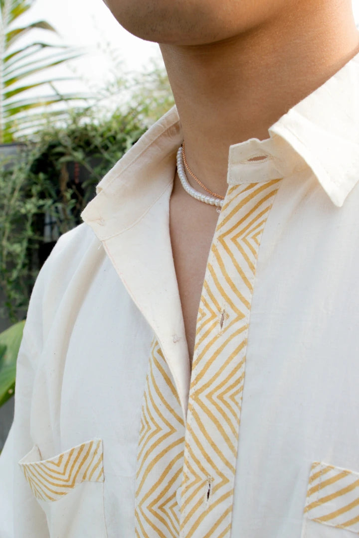 ilamra men's hand block printed naturally dyed organic cotton off-white and yellow shirt